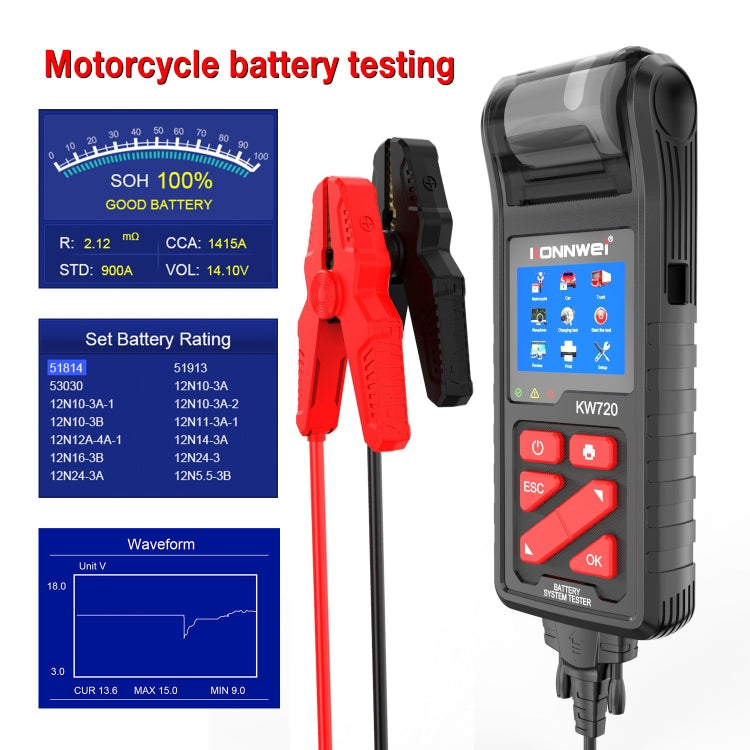 KONNWEI KW720 Car 3.2 inch 6V-24V Lead-acid Battery Tester with Printer, KW720 KONNWEI KW720 Car 3.2 inch 6V-24V Lead-acid Battery Tester with Printer, KW720